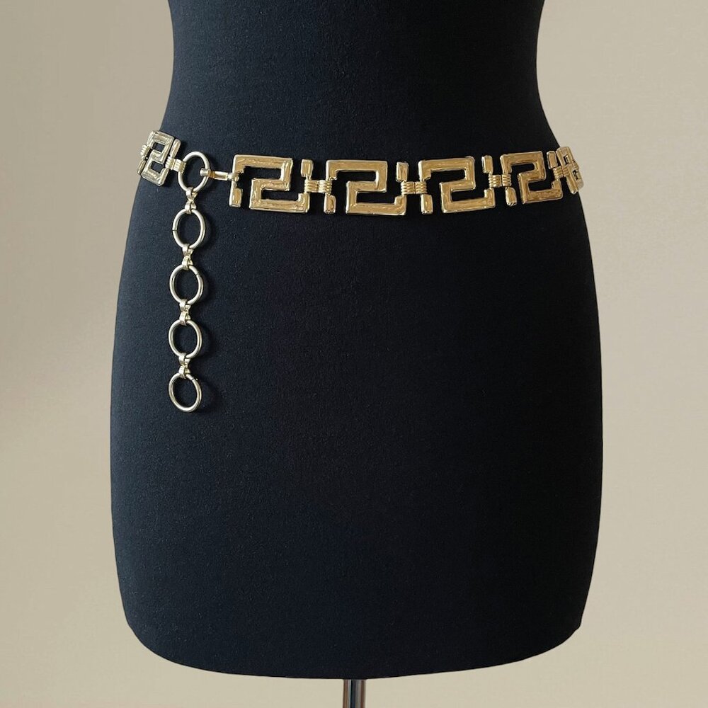 Vintage 80s 90s Gold Tone Metal Greek Key Link Chain Belt